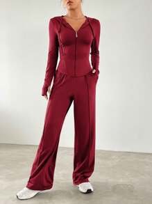 SHEIN EZwear 紧身连帽外套和直筒裤休闲运动套装