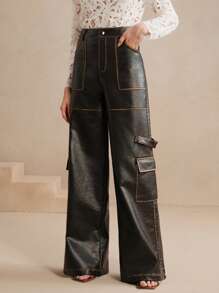 Anewsta Quần da PU Cargo cổ điển thời trang dành cho nữ Maillard - màu đen - Xem 6