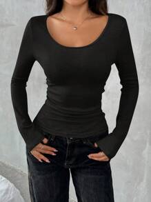 SHEIN EZwear Sudadera negra de mujer de talla grande, casual y de moda para uso diario - Negro - Ver 3