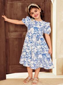 SHEIN Vestido midi de manga abullonada, cuello redondo, cintura recogida, con estampado de paisaje, elegante y retro, casual y suelto, para vacaciones, para niña - Azul - Ver 9