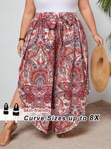 SHEIN CURVE+ 女式加大码，元素，腰果花，佩斯利花纹，松紧腰带，系带不对称裤腿，下摆裤波西米亚风度假 - 彩色 - 查看 3