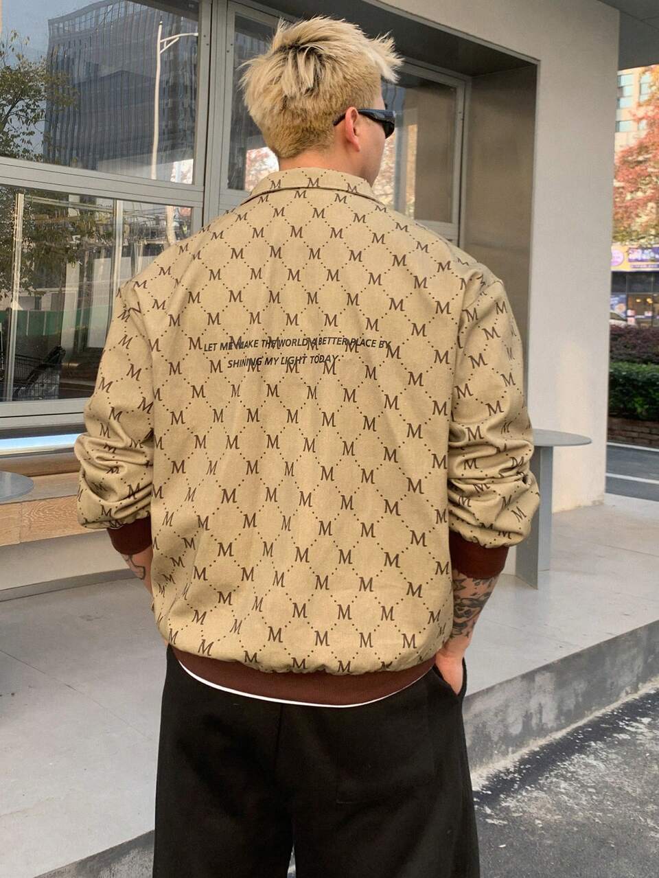 Spring Letter Print Color Block Ribbed Men's Jacket, Khaki Vacation