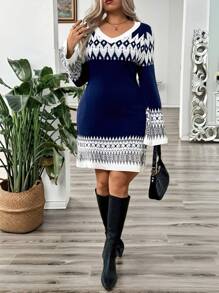 Calvaya Plus Size Retro Vibe Color Block V-Neck Jacquard Knit Sweater Dress Fall Winter Cloth For Women - Multicolor - View 4