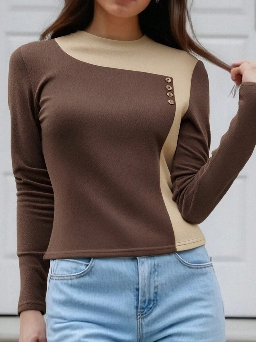 SHEIN Clasi 女士休闲撞色拼布长袖上衣，秋季 - 咖啡棕 - 查看 1