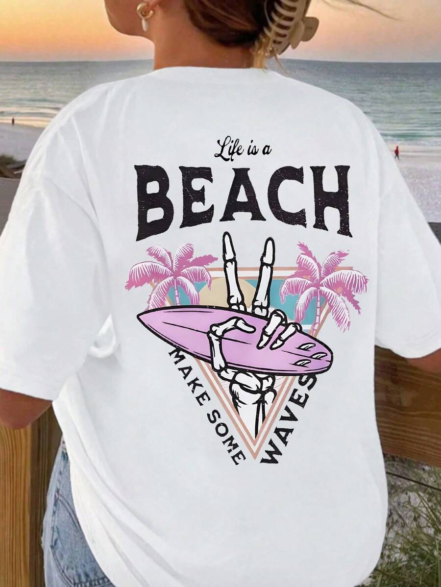 Calvaya 大码女式夏季棕榈树字母印花圆领短袖休闲T恤图案T恤女式上衣 - 白色 - 查看 1