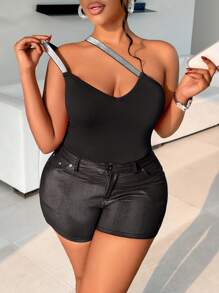 Maweii 2025 New Large Metallic Silver Ribbon Slanted Shoulder Asymmetric Bodysuit Top. Stretch, Slit, Knitted, Cocktail Party, Bridesmaids, Weddings, Four Seasons, Graduation, Festivals, Music Festival Parties.