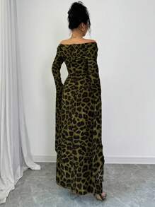 Elenzga Women's Leopard Print Off-Shoulder Ultra-Long Sleeve Dress - Olive Green - View 2