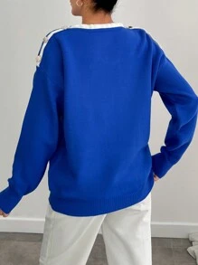 SHEIN Cottnline Women Solid Color Stripe Detailed Button Neck Pullover - Blue - View 2