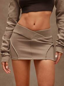 Denimoi Casual Asymmetrical Low Waist Seam Detail Mini Skirt - Coffee Brown - View 5