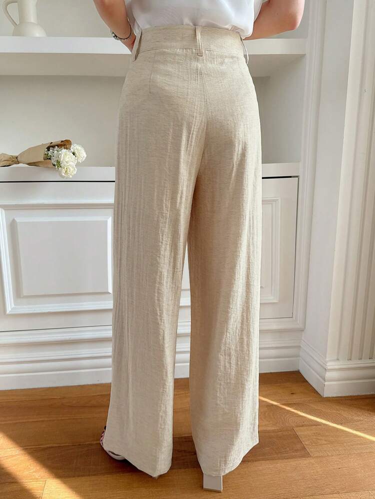 Plain Pleated Loose Fit Women's Casual Trousers, Minimalist & Fashionable For Daily Wear Linen Business Attire