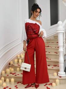 Allurite Vrouwen Elegante Bloemen Lantaarn Mouw Schouder Top En Effen Kleur Broek 2-delig Pak