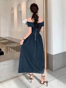 DAZY 女士露肩短袖牛仔连衣裙 - 深色水洗藍 - 查看 5