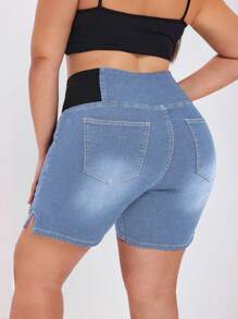 Flexra 大码深洗水蓝色牛仔休闲短裤，简约设计弹力针织，适合日常穿着 - 淺色水洗藍 - 查看 2