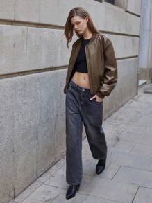 Maija 女式四季百搭休闲棕色短款前拉链罗纹领宽松落肩长袖夹克嬉皮士 - 咖啡棕 - 查看 4