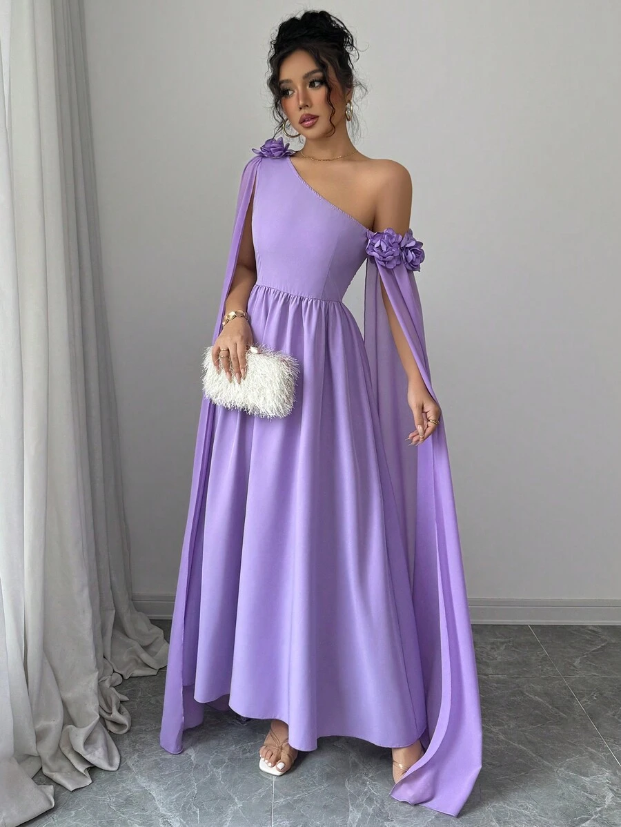 Rafferiza French Elegant Asymmetric Floral Print Sheer Ruffle Waist A-Line Dress For Women, Suitable For Daily, Party, Spring/Summer - Mauve Purple - View 1