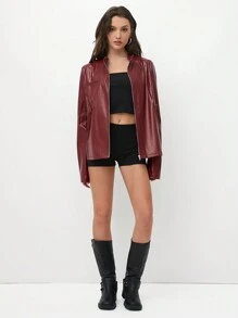Flirla Chaqueta casual holgada de mujer con diseño de cremallera en piel roja retro