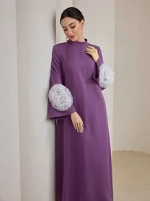Graceveil Váy chữ A dài tay phong cách Ả Rập dành cho nữ có cổ đứng và điểm nhấn hoa 3D khiêm tốn - Màu tím - Xem 1