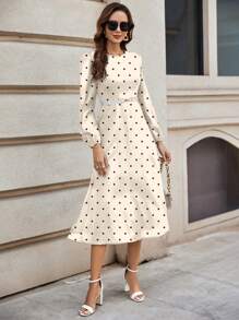 SHEIN Clasi 休闲波尔卡圆点印花连衣裙，适合春季春装女士连衣裙优雅教师服女士早午餐服装 - 杏色 - 查看 6