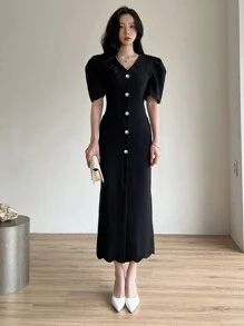 DAZY Đầm maxi nữ màu trơn cổ chữ V tay ngắn dáng ôm, kiểu tay phồng, thích hợp cho mùa xuân/hè. - màu đen - Xem 3