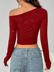 SHEIN EZwear Women's Sparkle Top, Dark Red Glitter Bling Top, One Shoulder Long Sleeve Crop Top,Off The Shoulder Top