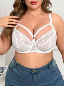 1pc Plus Size Contrast Lace Push-Up Wire Bra Lingerie - White - View 3
