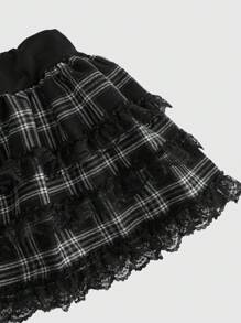 ROMWE J-Fashion Y2K Gyaru Himekaji Harajuku Lolita Váy mini kẻ caro ren thắt nơ eo thấp cỡ lớn cho nữ - màu đen - Xem 4