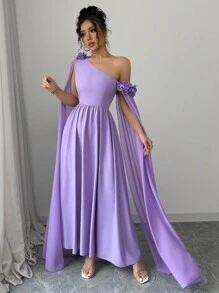 Rafferiza French Elegant Asymmetric Floral Print Sheer Ruffle Waist A-Line Dress For Women, Suitable For Daily, Party, Spring/Summer - Mauve Purple - View 6