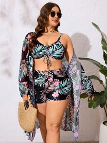 Swim Lushoire 夏季女式大码花卉和树叶印花前系带比基尼套装 - 彩色 - 查看 4