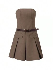 INAWLY Women's Solid Color Minimalist Casual Everyday Dress - Khaki - View 3