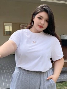 Dazy Plus 宽松圆领镂空爱心短袖 T 恤，白色，春夏 - 白色 - 查看 1