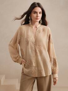 Anewsta 宽松半透明 V 领刺绣长袖衬衫，饰有彩色亮片细节，彰显女性优雅的办公室风格 - 香檳色 - 查看 5
