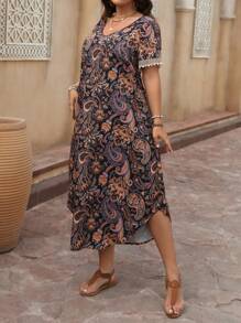 Breezaya 大码女式情人节花卉印花拼布蕾丝边常规版型 V 领短袖凉爽连衣裙、减压装、优雅时尚、夏季家居服、春假节日波西米亚风 - 彩色 - 查看 5