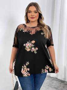 SHEIN CURVE+ 大码女式夏季蕾丝花卉撞色网眼短袖波西米亚风度假衬衫