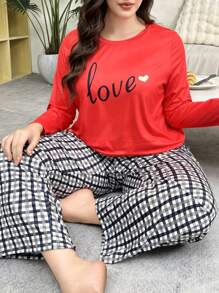 情人节“LOVE”字母印花长袖衬衫搭配格子裤、大码睡衣套装 - 彩色 - 查看 6