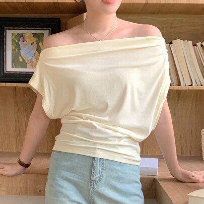 여성용 플리츠 오프숄더 솔리드 컬러 캐주얼 반팔 티셔츠, 오프숄더 탑
