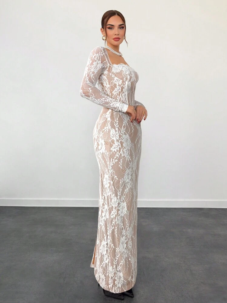 Aloruh Vestido Longo de Malha Tomara-Que-Caia Sexy com Mangas Longas de Renda em Formato de S, Ajustado, para Festa, Encontro à Noite, Ocasião da Noite, Outono/Inverno Feminino - Branco - Visão 3