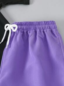 SHEIN 2pcs/Set Teenage Boys Fashion Black T-Shirt And Purple Shorts, Casual Outfit, School, Campus, College - Black - View 7