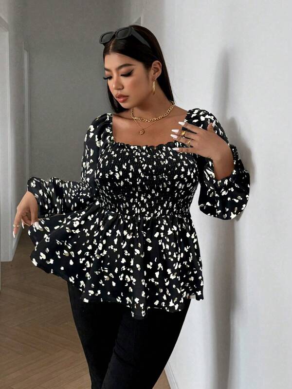 Vionelle Plus Size Women Allover Print Ruffle Hem & Lantern Sleeve Fashion Blouse