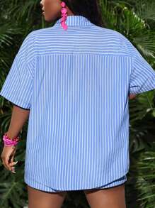 Slaydiva Set informale e versatile da donna composto da camicia larga a righe e pantaloncini corti - Blu - Visualizzare 2