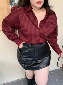 Dazy Plus 加大码常规领条纹宽松长袖衬衫，适合农历新年、春夏秋、秋季女装 - 酒紅色 - 查看 8