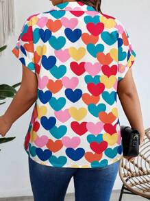 Calvaya Blusa de manga corta con botones, estampado de corazones de amor, para talla grande, para verano