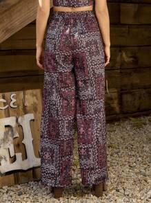 LanaWest Printed High Waist Wide Leg Beach Pants Fall Cloth For Women - Burgundy - View 2