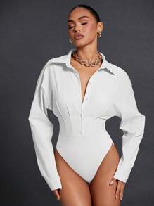 Hauture Button Down Collar Seam Detail Long Sleeve Bodysuit