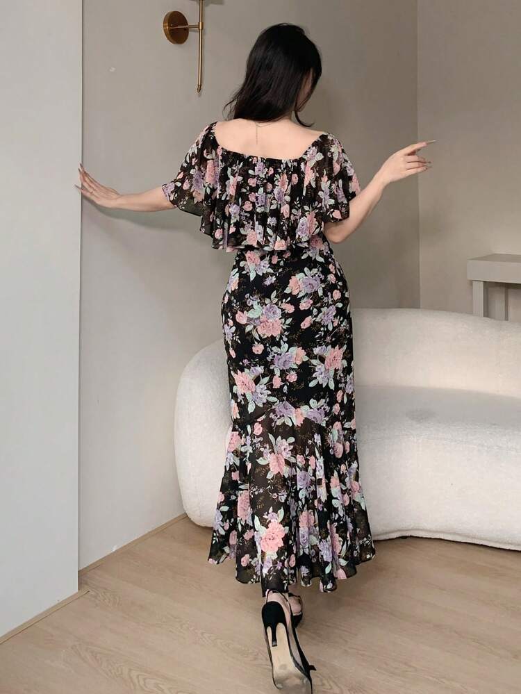 Floral Off Shoulder Ruffle Hem Midi Dress For Women Sundress Vacation Outfits Women