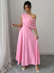 Rafferiza 法式优雅日常百搭时尚不对称领口不对称透视雪纺喇叭下摆长裙，粉色，女士，春夏 - 粉色 - 查看 5