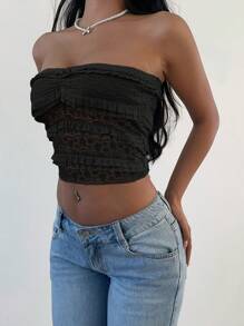Aloruh Women's New Solid Color Elegant Romantic Lace Bow Ruffle Shirred Bust Cropped Bandeau Top - Black - View 6