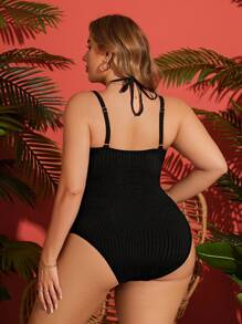 SHEIN Swim Curve Plus Size 1pc Cutout Rib Knit Design Spaghetti Strap Backless Adjustable One-Piece Swimsuit For Women, Elegant & Sexy Beach Vacation Swimwear, For Summer - Black - View 2