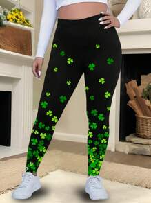 SHEIN LUNE Plus Size Women's Random Four-Leaf Clover Leaf Print Tight Leggings, Stretch Workout Pants For Autumn/Spring - Black - View 5