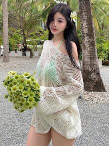 DAZY Damski luźny sweter z długimi rękawami i odsłoniętymi ramionami, lekki, na wiosnę i jesień