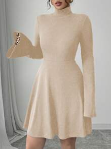 Elenzga 女士秋冬时尚休闲中长连衣裙，二合一，仿衬衫领，前半纽扣，口袋，拼色袖子，下摆拼接，杏色和白色 - 杏色 - 查看 5